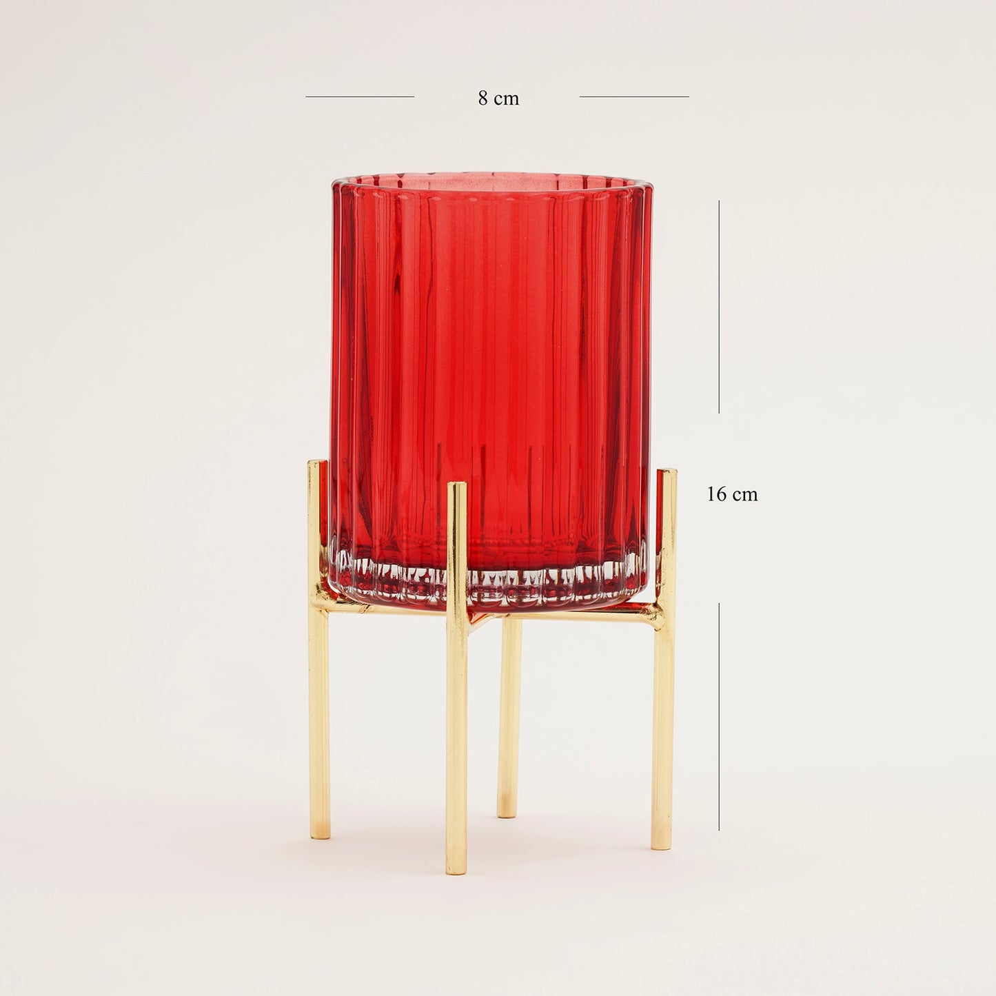 Red Ribbed Glass Hurricane With Metal Stand - Small