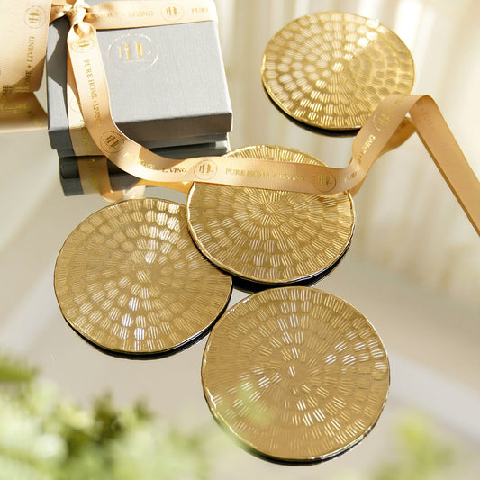 Set of 4 Gold Metal Line Hammered Round Coasters