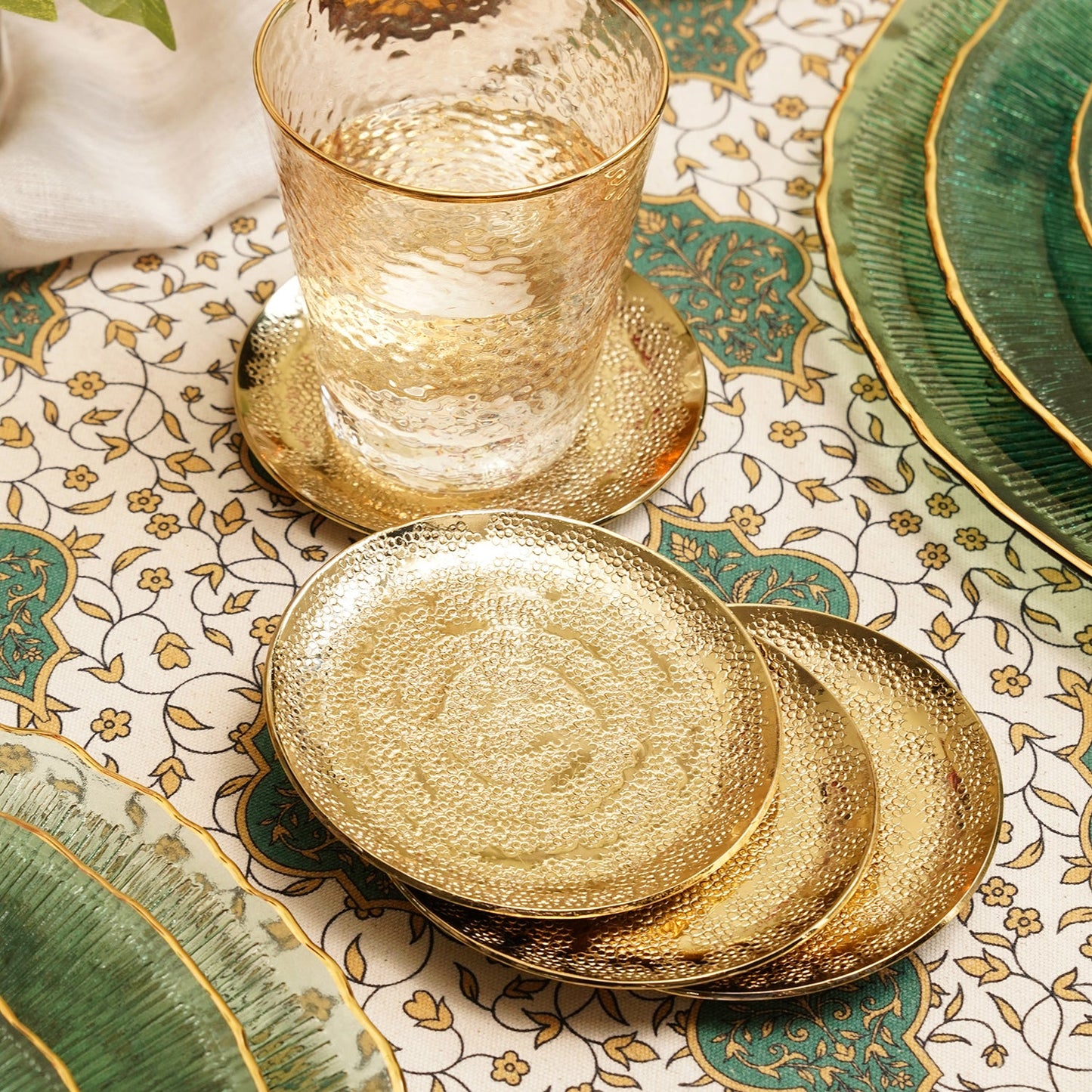 Set of 4 Gold Metal Dot Hammered Round Coasters