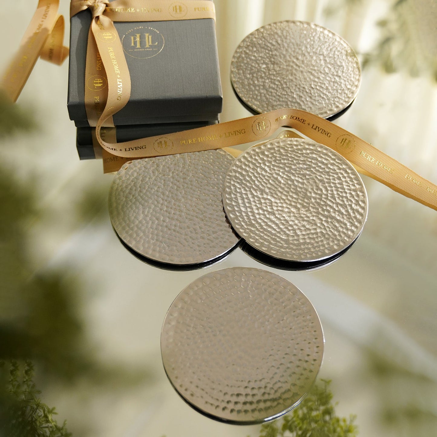Set of 4 Silver Metal Dot Hammered Round Coasters