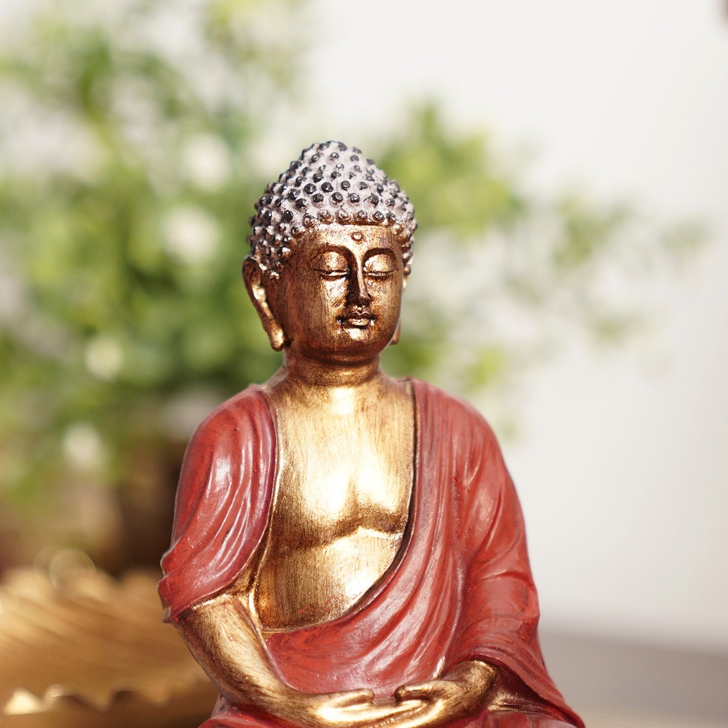 Red Antique Polyresin Meditating Buddha Sculpture - Small