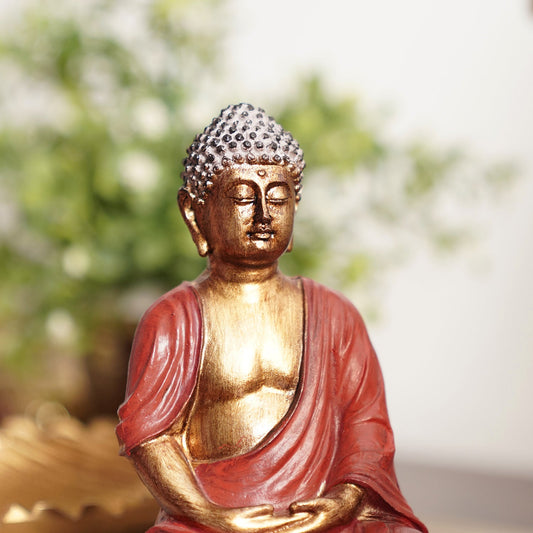 Red Antique Polyresin Meditating Buddha Sculpture - Small