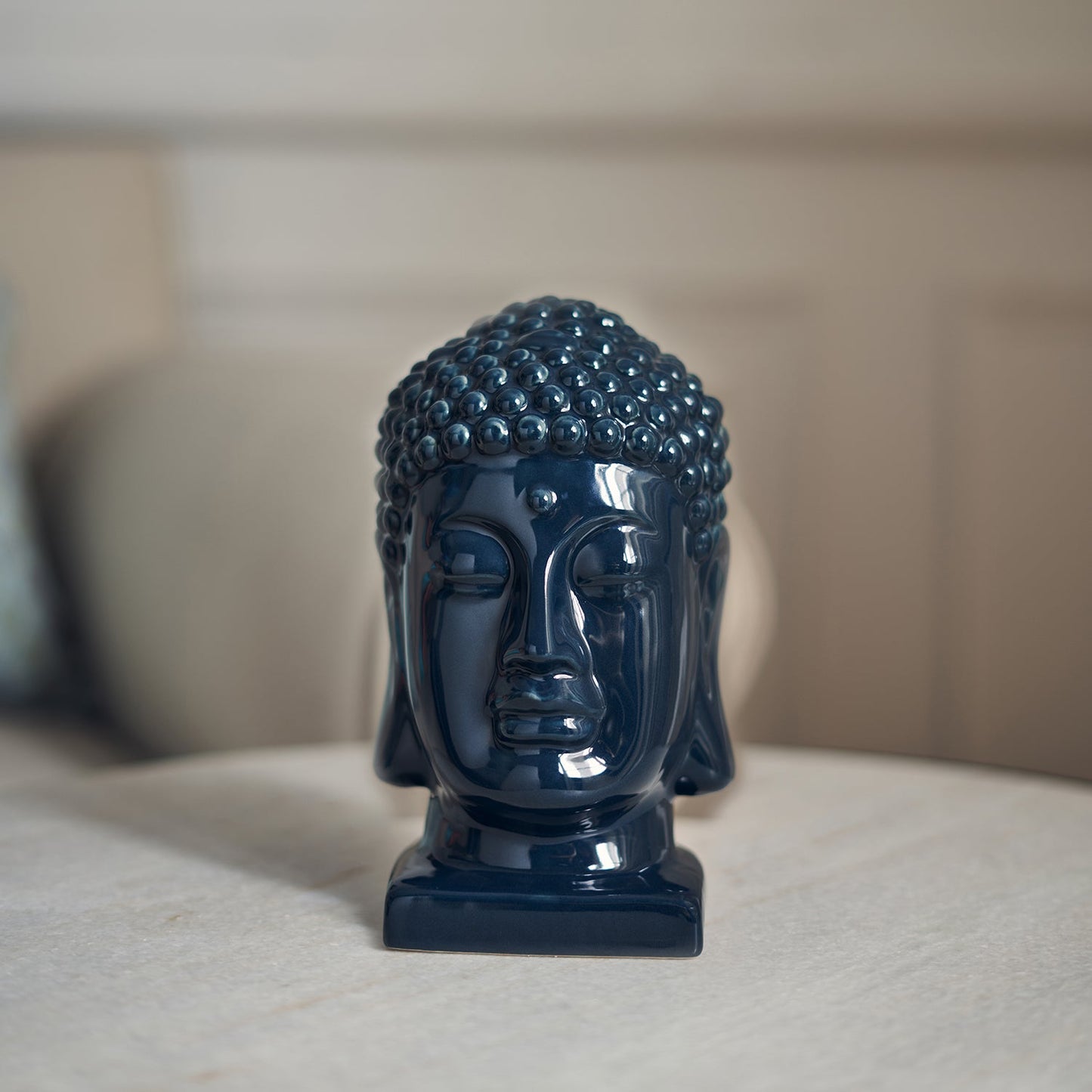 Blue Ceramic Buddha Head with Base - Small