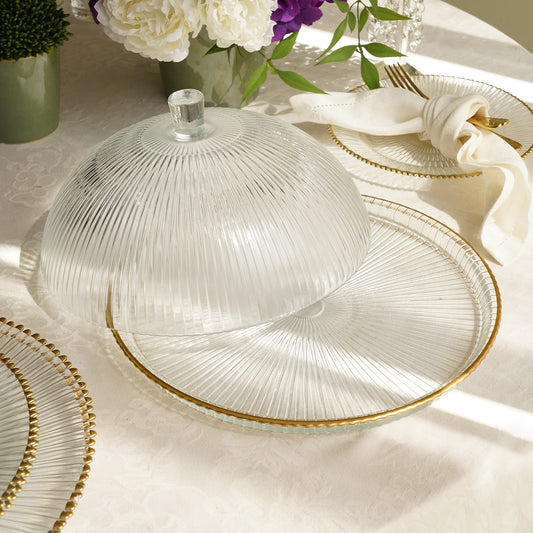 Clear and Gold Ribbed Cloche with Plate