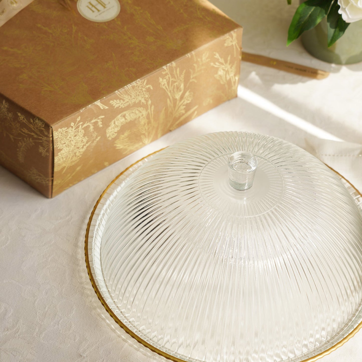 Clear and Gold Ribbed Cloche with Plate