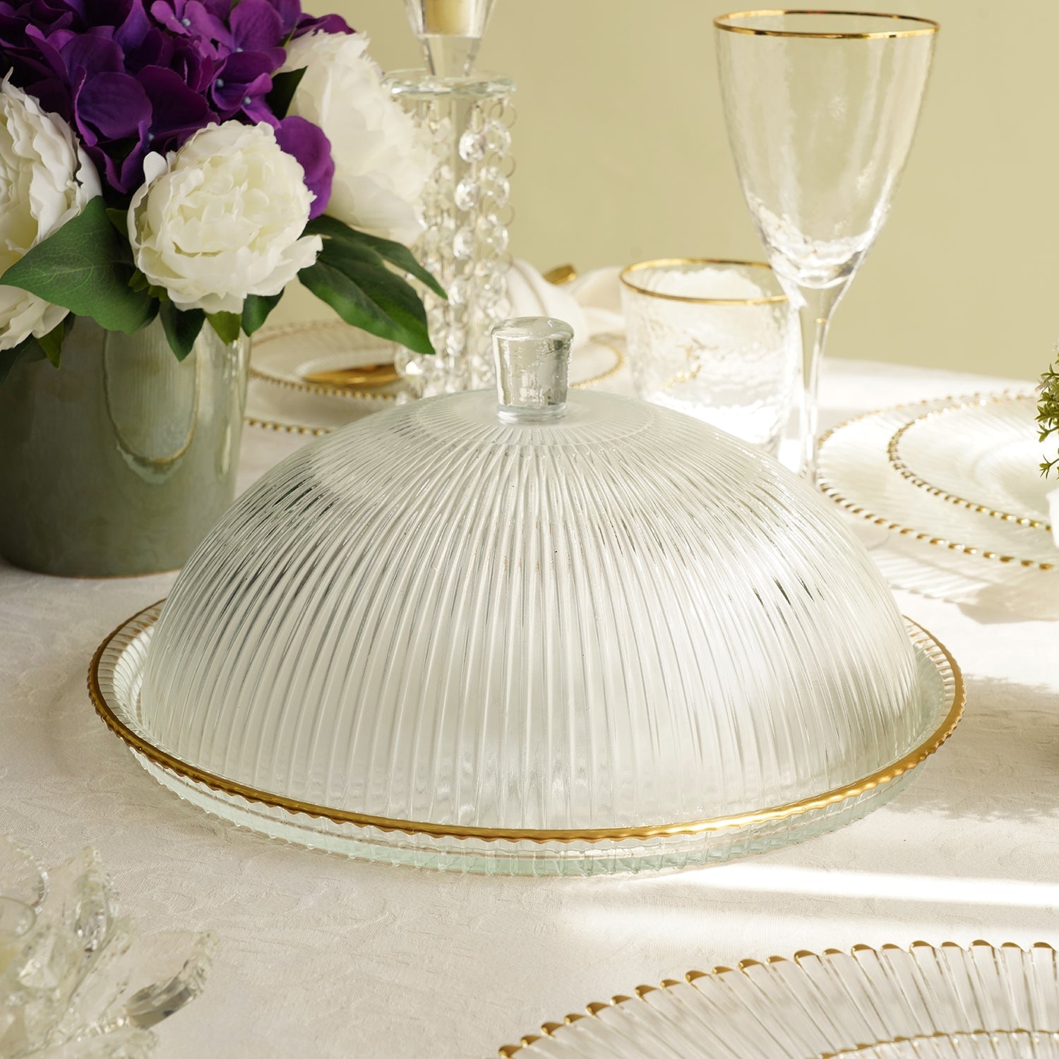 Clear and Gold Ribbed Cloche with Plate