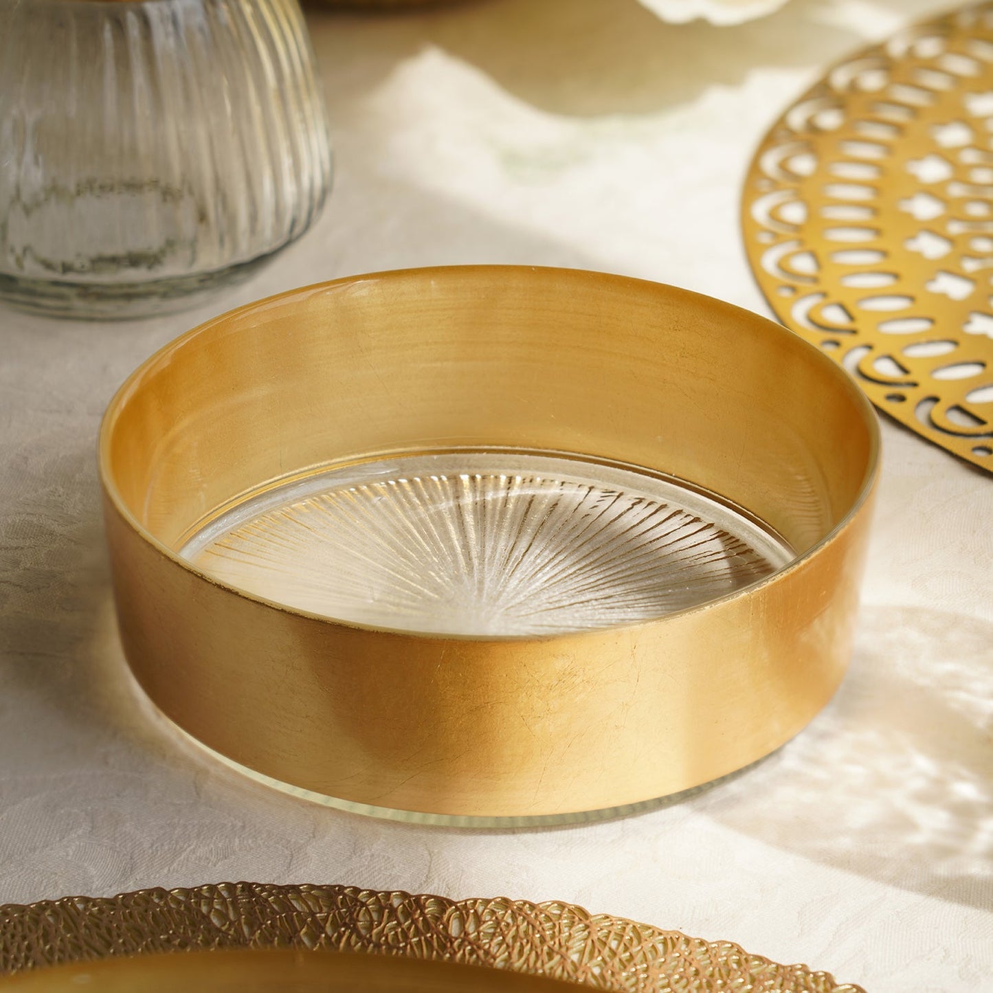 Set of 2 Clear and Gold Serving Bowls with Gold Foil Rim