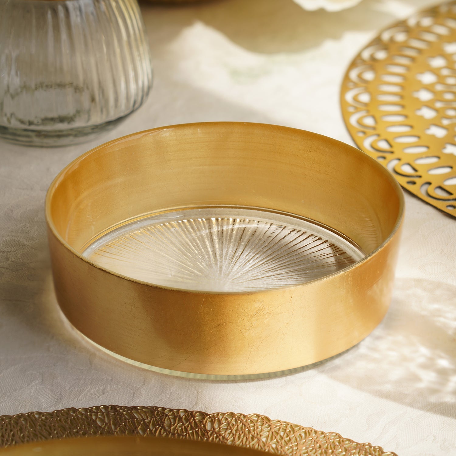 Set of 2 Clear and Gold Serving Bowls with Gold Foil Rim