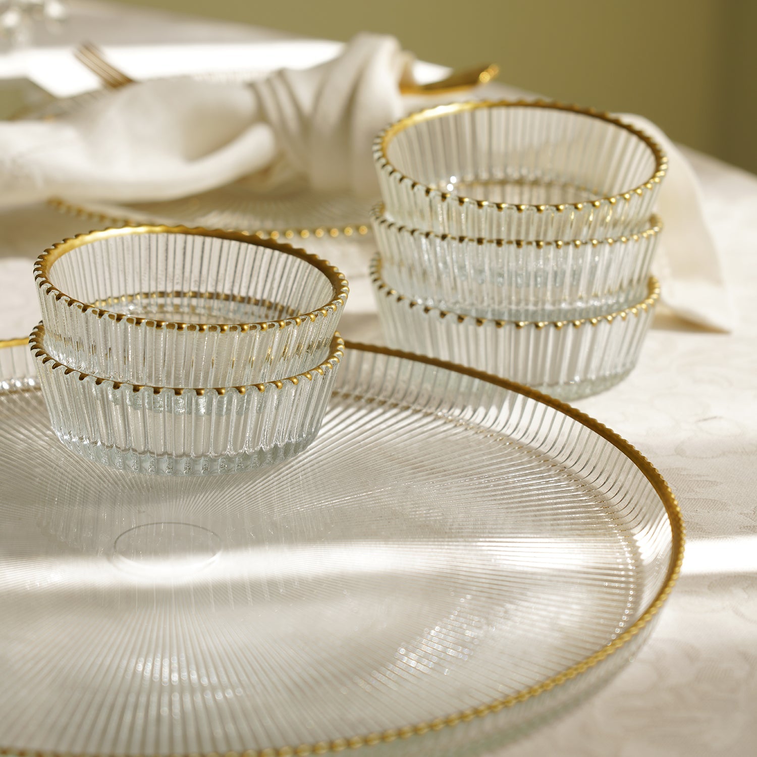 Set of 5 Clear and Gold Ribbed Bowls with Plate