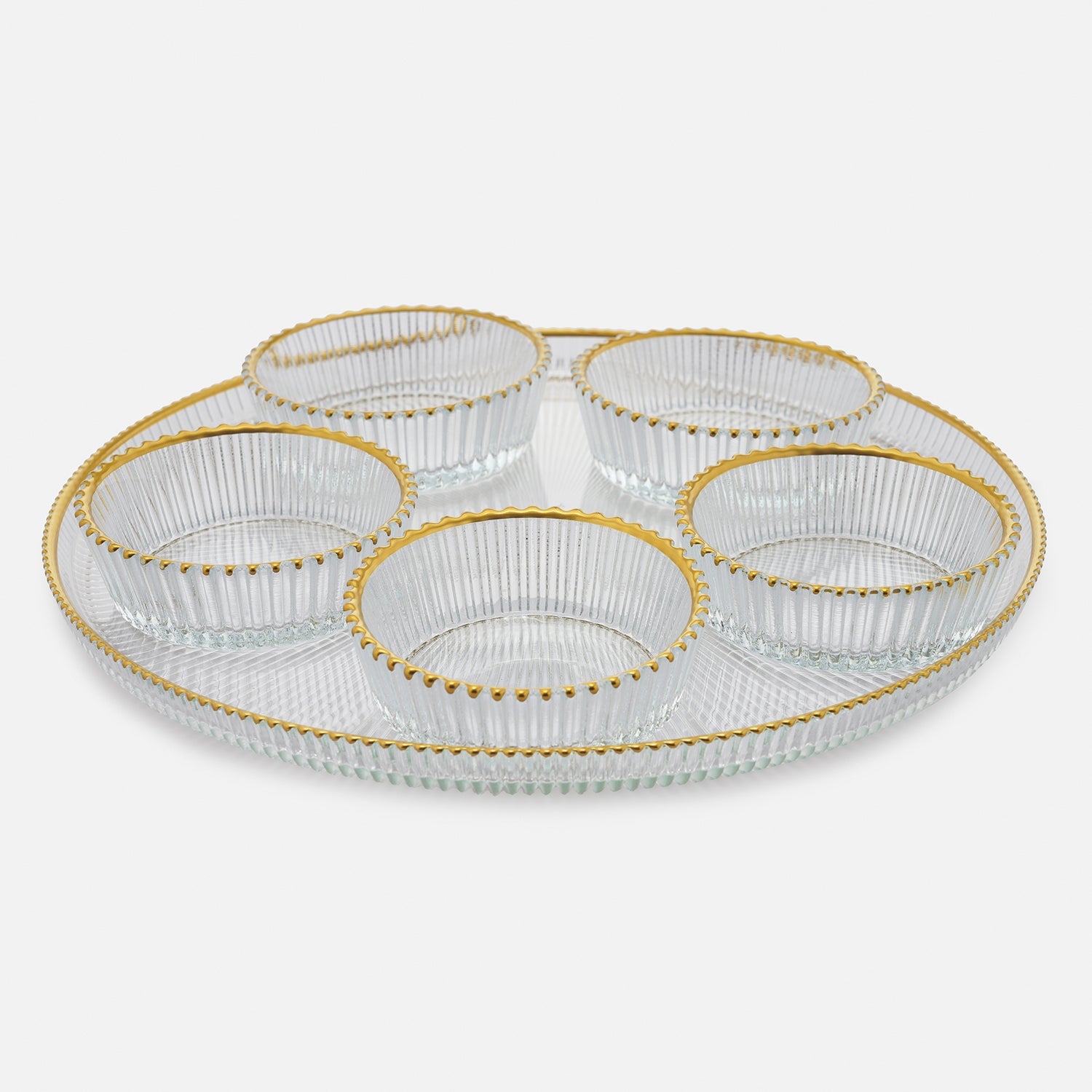 Set of 5 Clear and Gold Ribbed Bowls with Plate