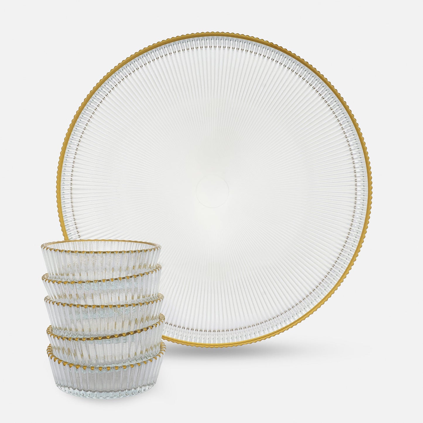 Set of 5 Clear and Gold Ribbed Bowls with Plate