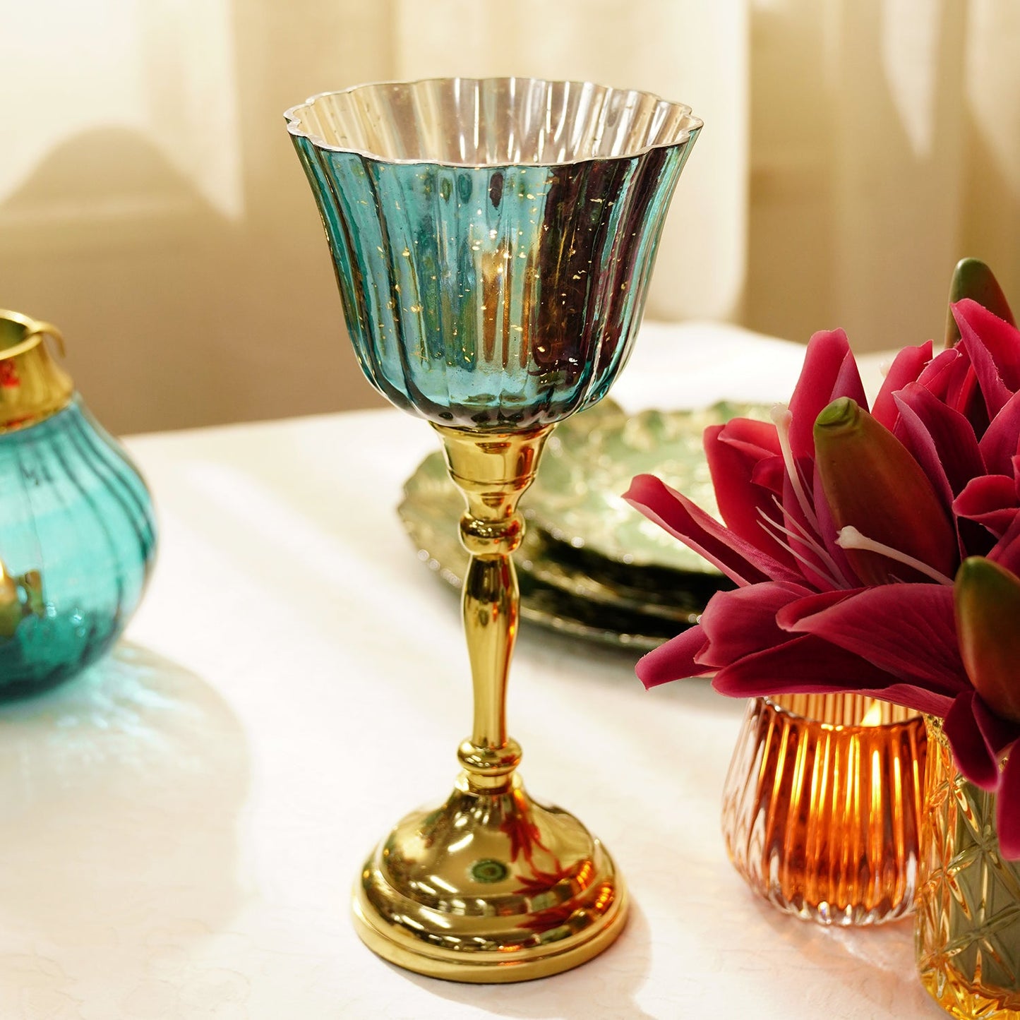 Teal and Gold Votive with Metal Stand - Small