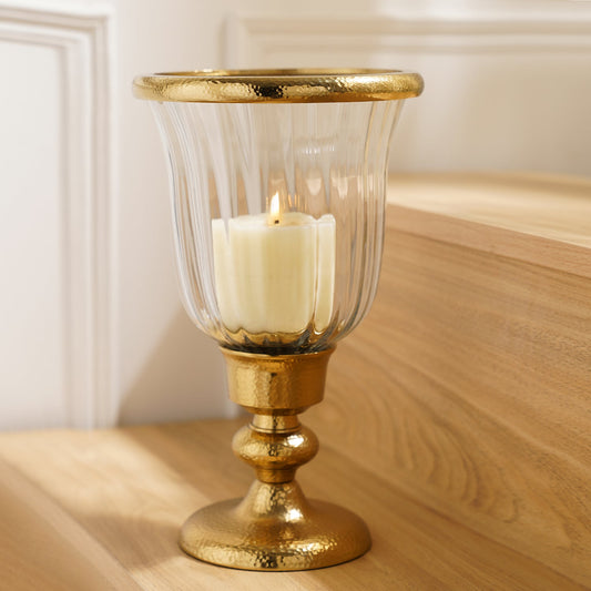 Clear Glass Hurricane with Tall Metal Stand - Small