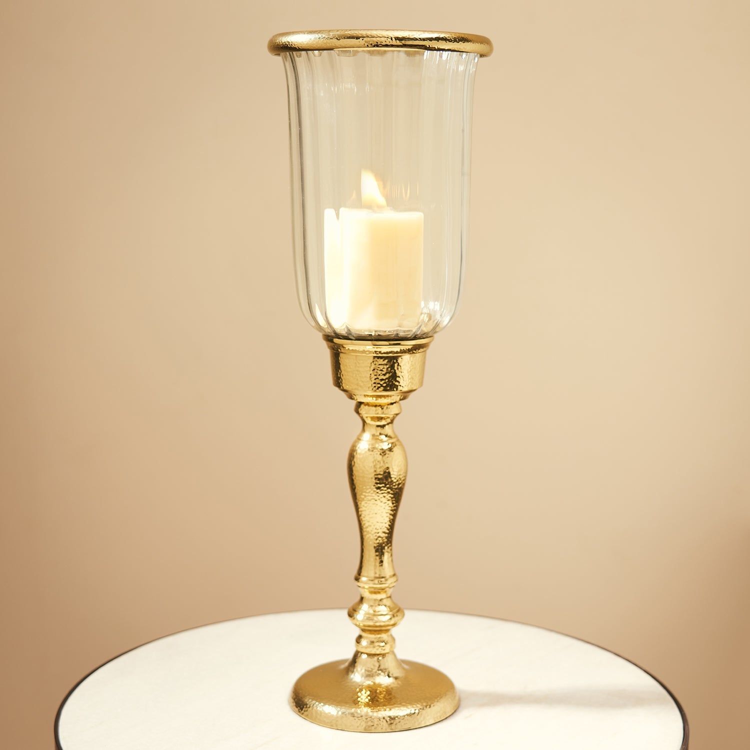 Clear Glass Hurricane with Curved Metal Stand - Small