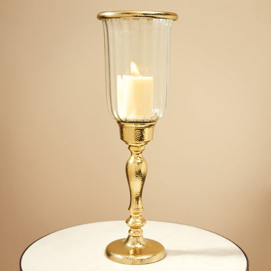 Clear Glass Hurricane with Curved Metal Stand - Small