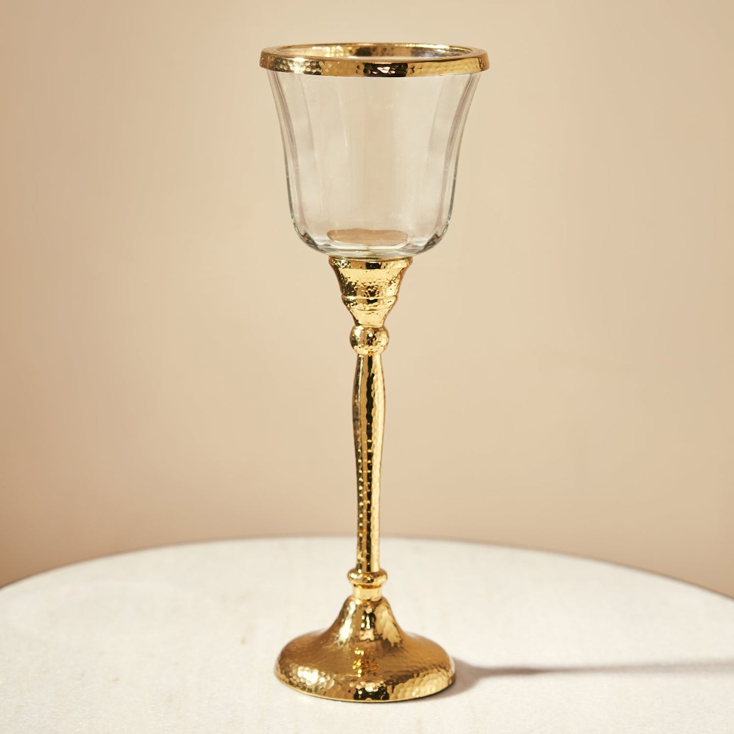 Clear Glass Hurricane with Textured Metal Stand - Large