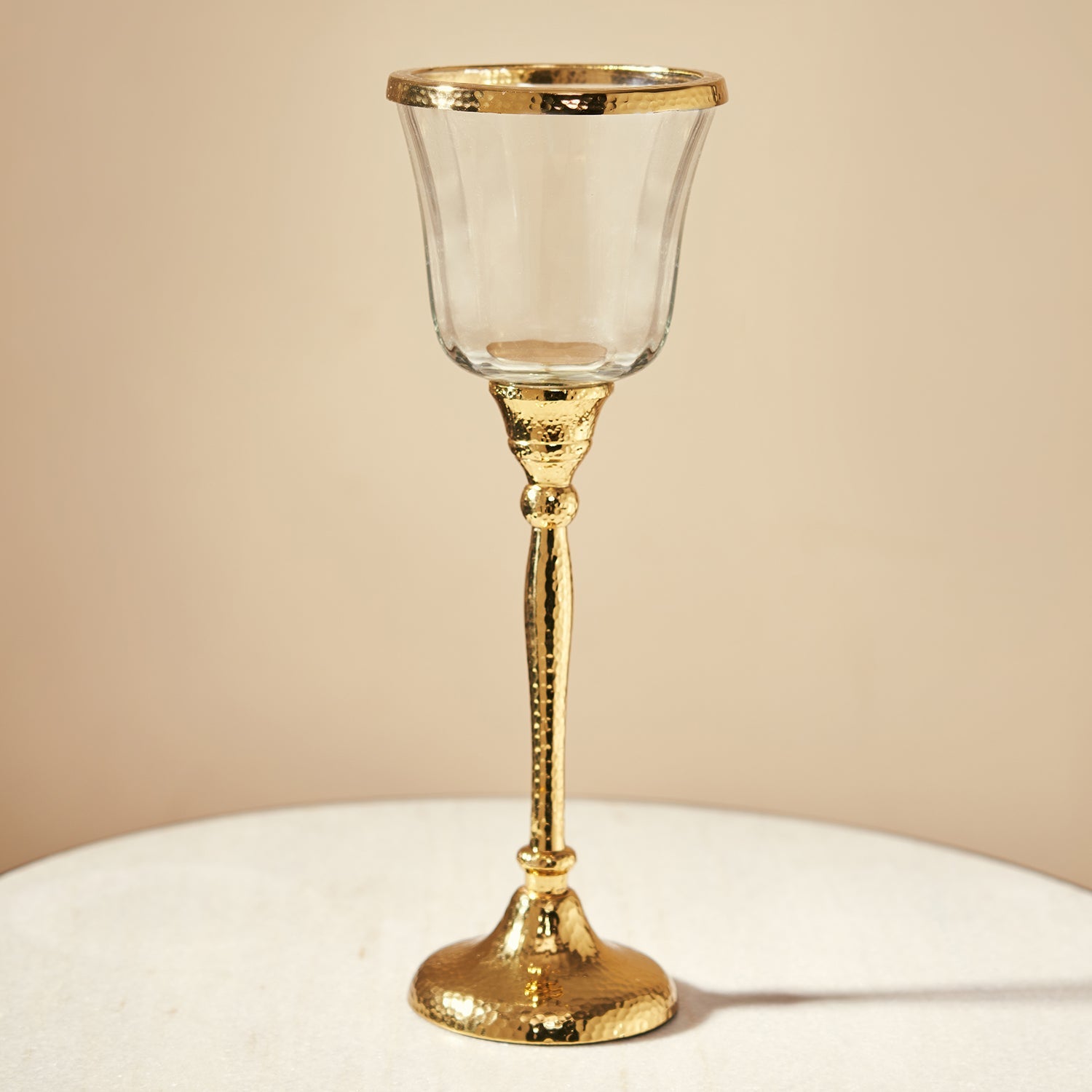 Clear Glass Hurricane with Textured Metal Stand - Large