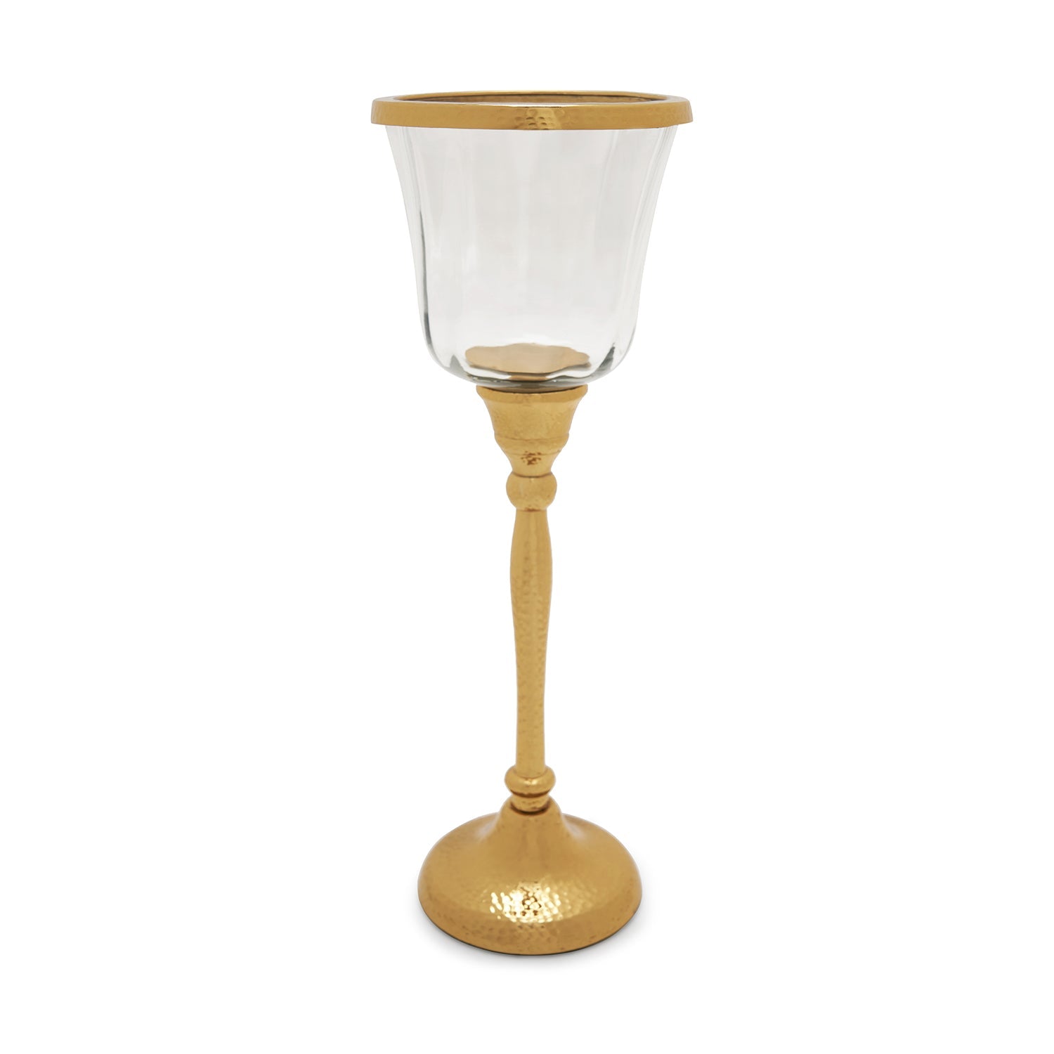 Clear Glass Hurricane with Textured Metal Stand - Large