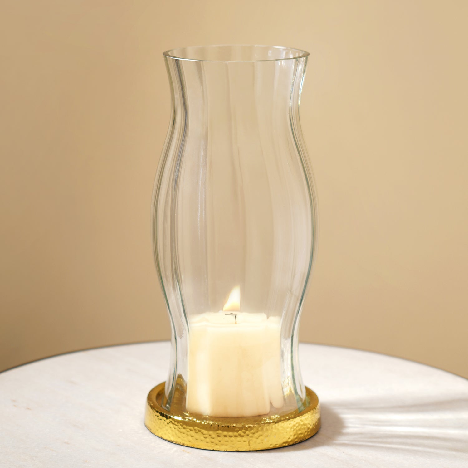 Clear Glass Textured Hurricane with Metal Base