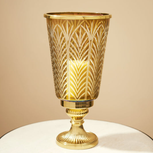Clear Cut Glass Hurricane with Metal Base - Large