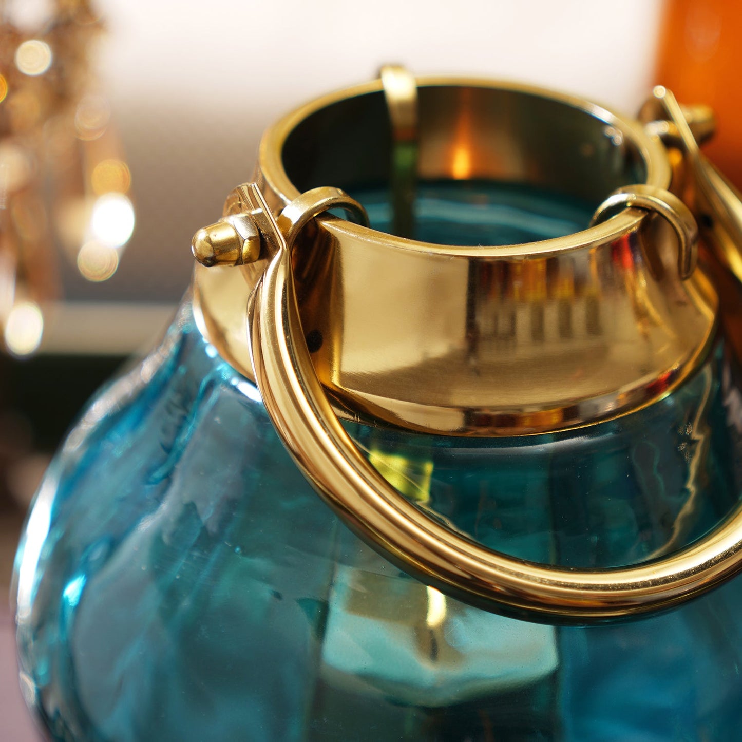 Teal Hammered Glass Lantern Tea Light Holder