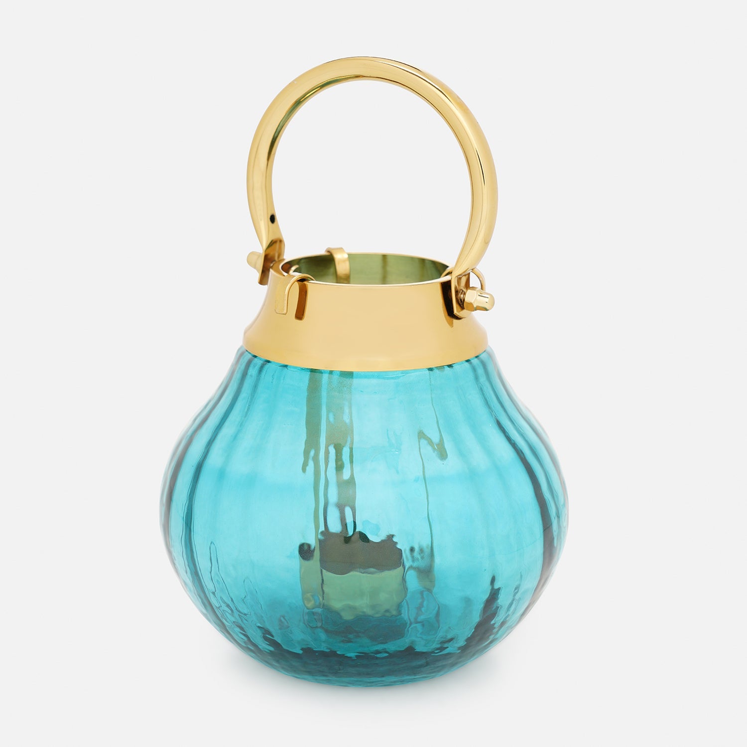 Teal Hammered Glass Lantern Tea Light Holder