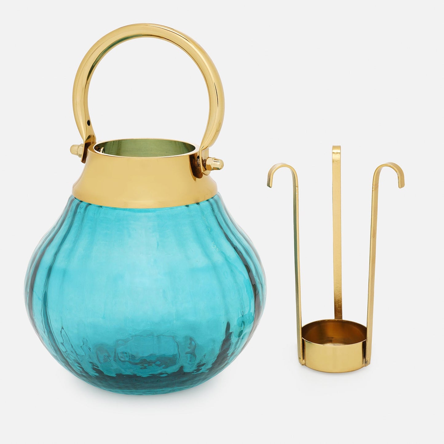 Teal Hammered Glass Lantern Tea Light Holder