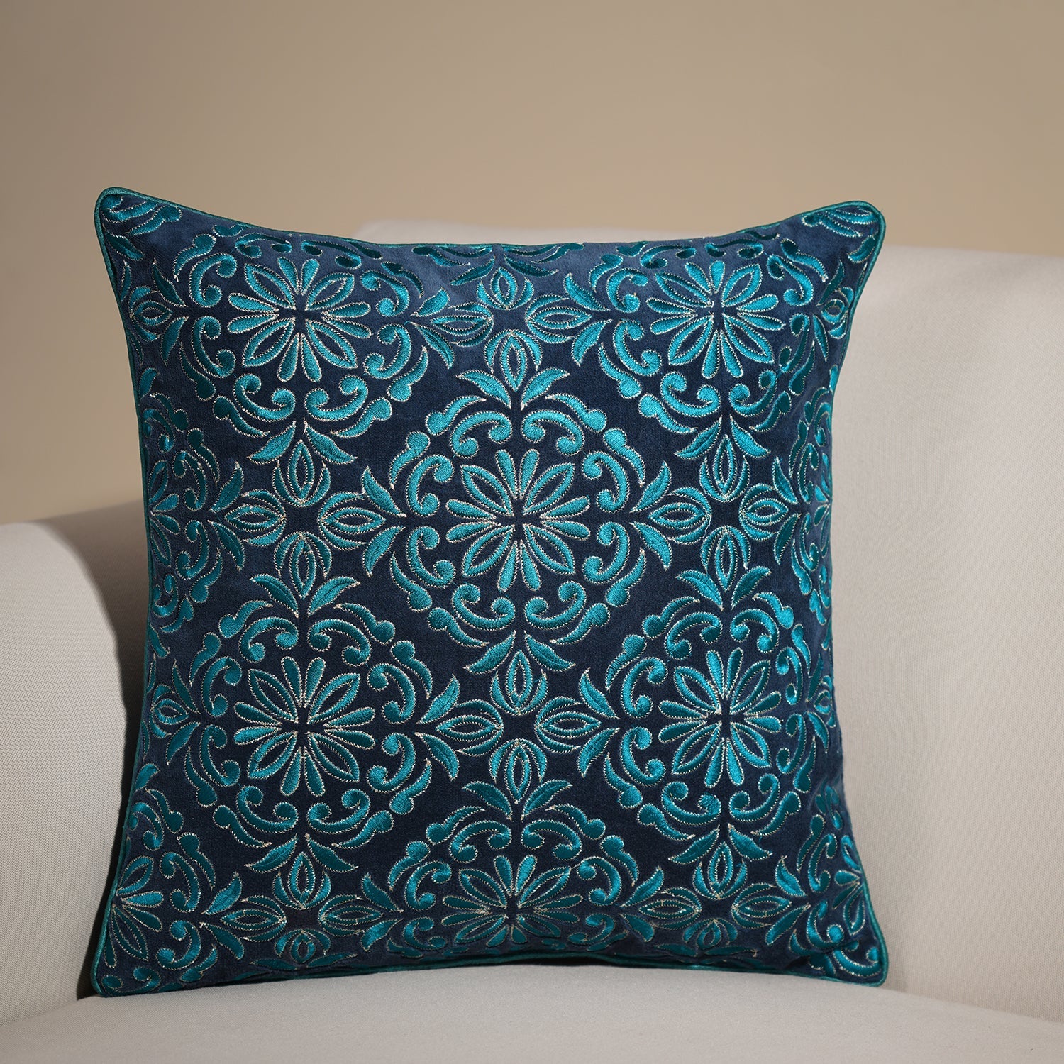 Blue Embroidered Cushion Cover