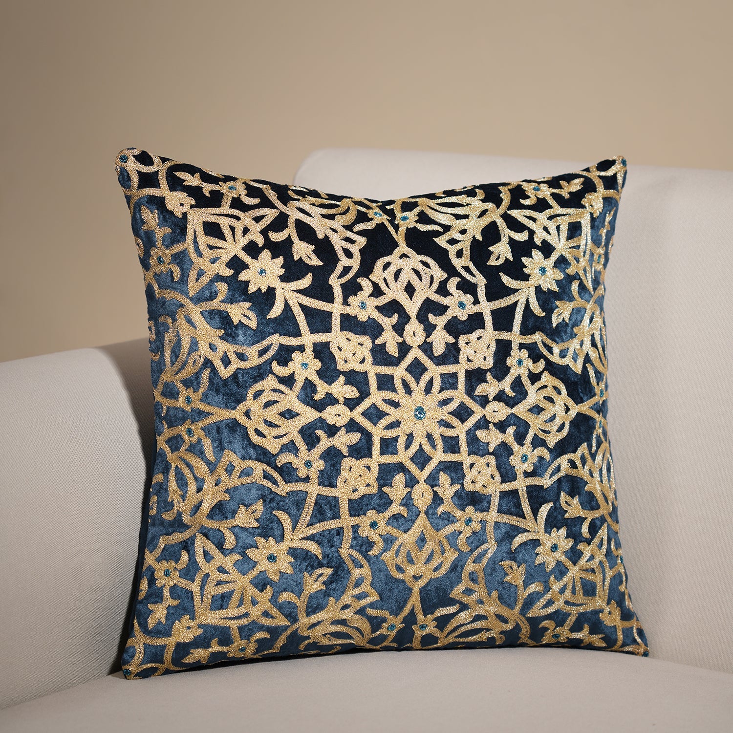 Blue Embroidered Motif Cushion Cover