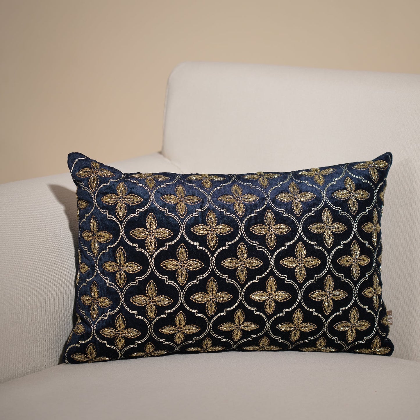 Blue and Gold Embroidered Rectangle Cushion Cover
