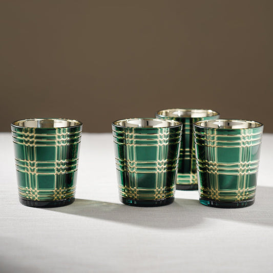 Set of 4 Green and Gold Cut Pattern Votives