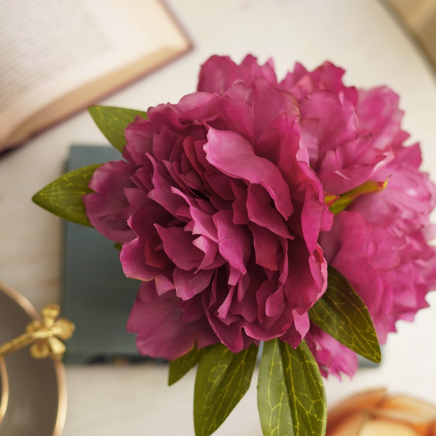 Pink Artificial Peony with Glass Vase