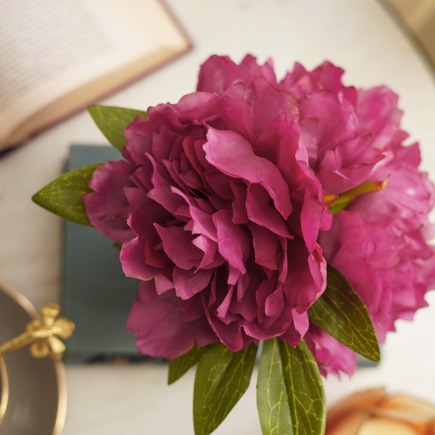 Pink Artificial Peony with Glass Vase