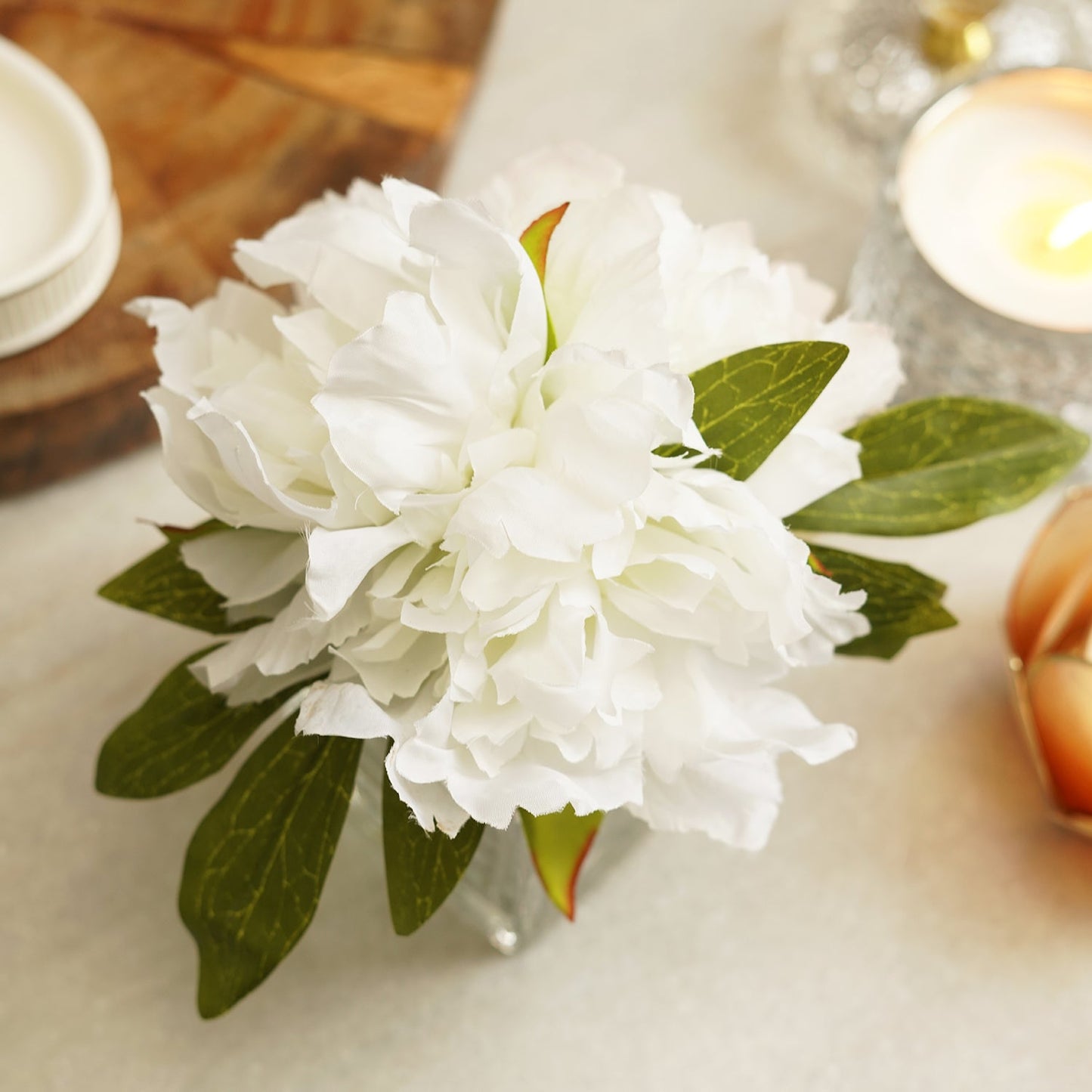 White Artificial Peony with Glass Vase