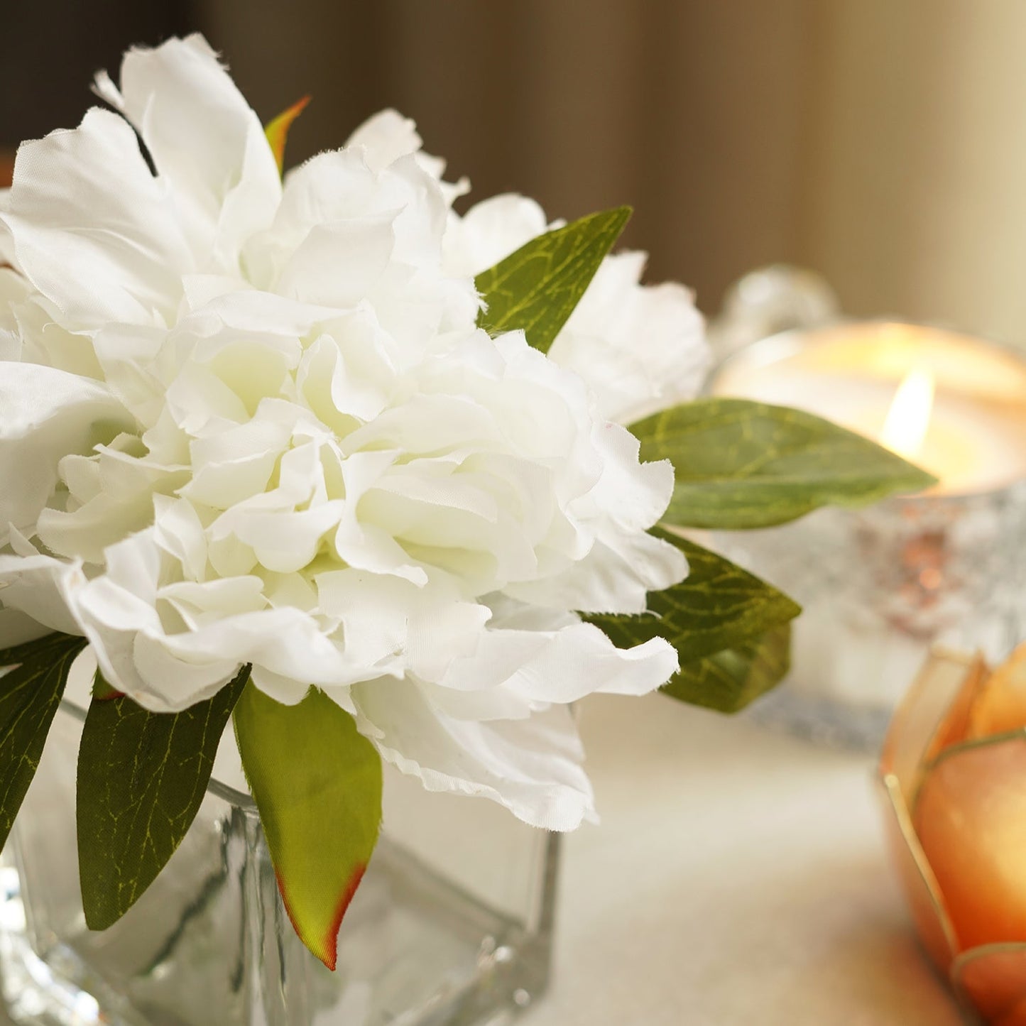 White Artificial Peony with Glass Vase