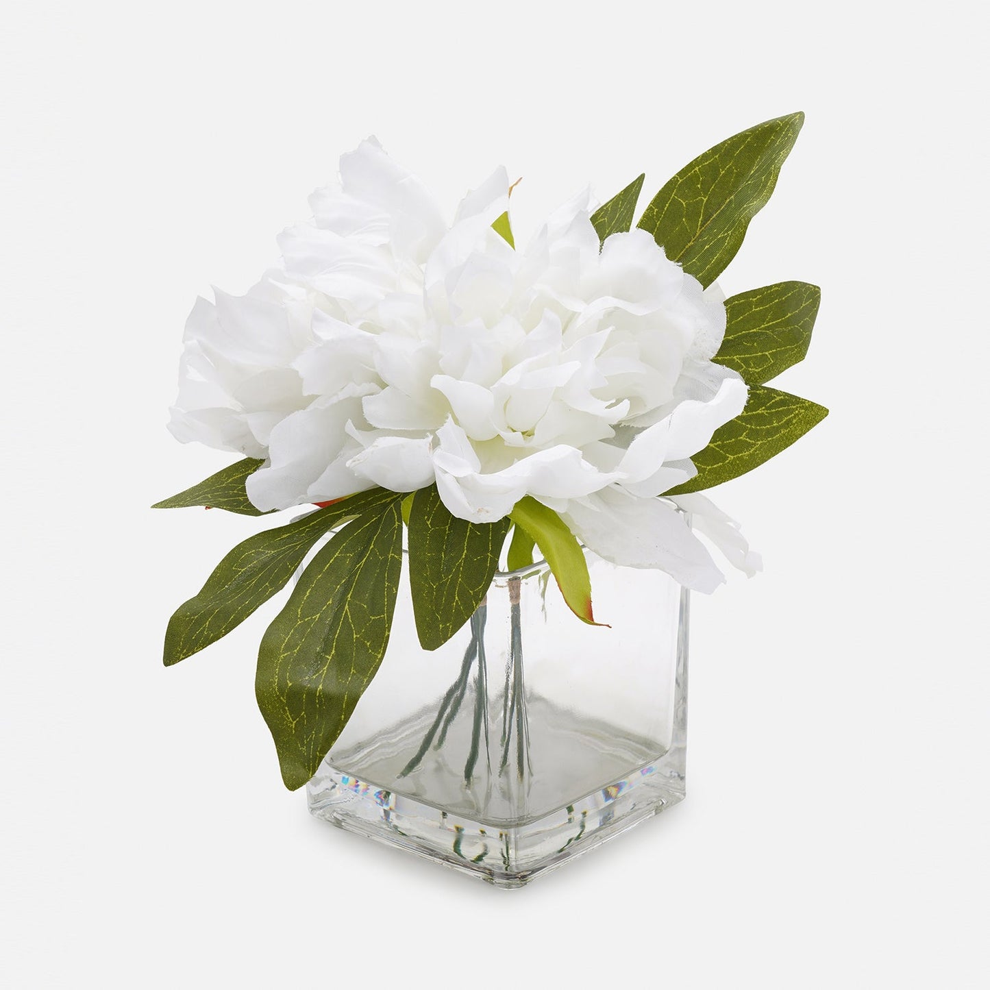 White Artificial Peony with Glass Vase