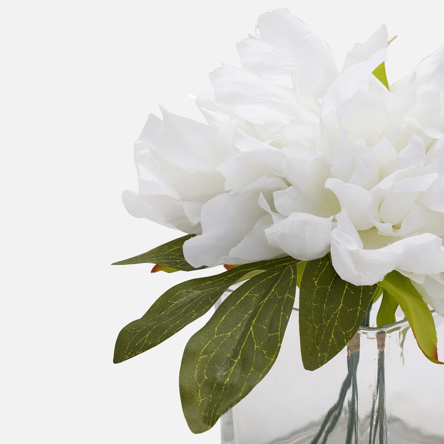 White Artificial Peony with Glass Vase