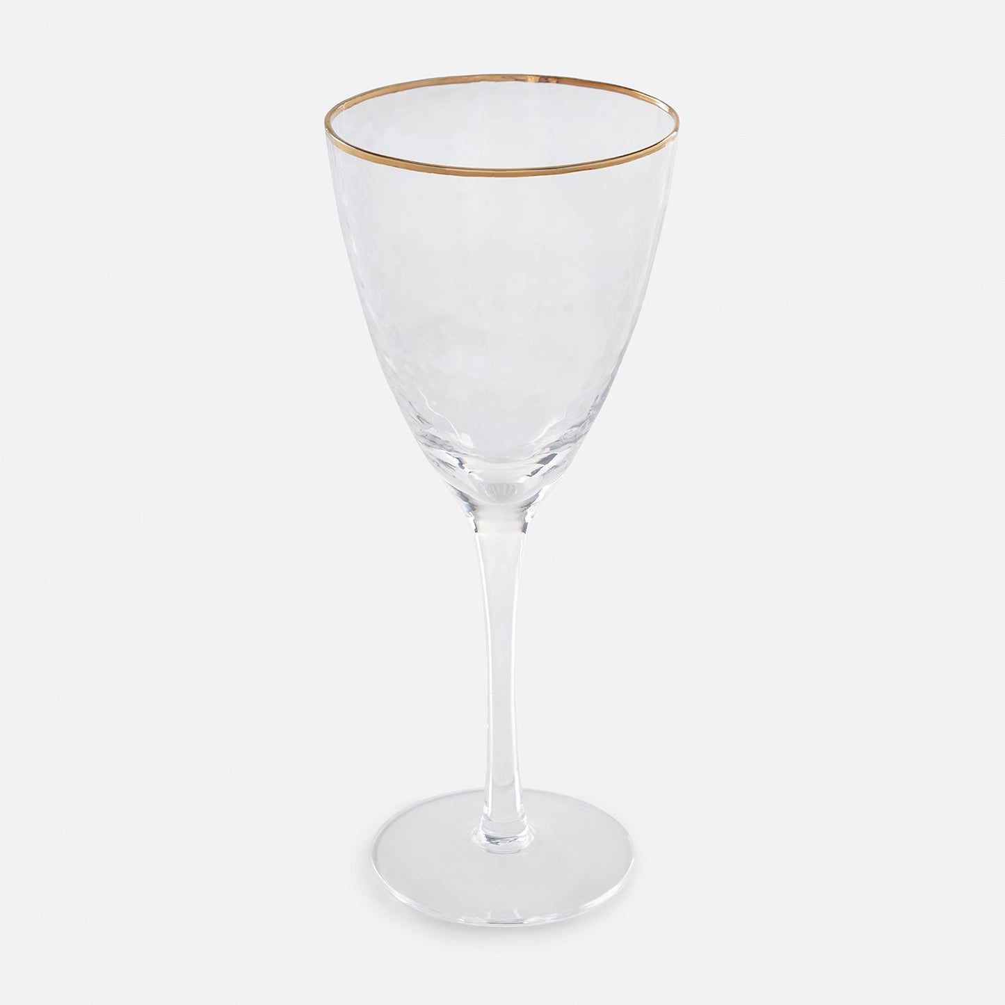 Set of 2 Clear Hammered Wine Glasses with Gold Rim