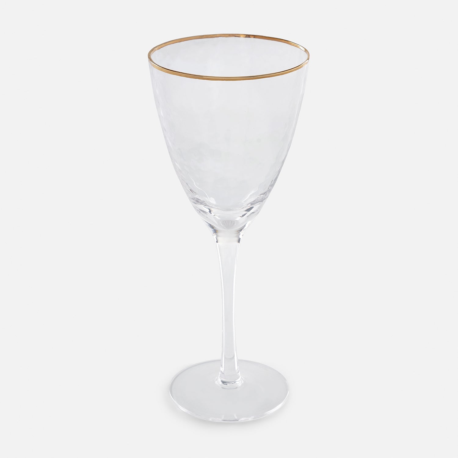 Set of 2 Clear Hammered Wine Glasses with Gold Rim