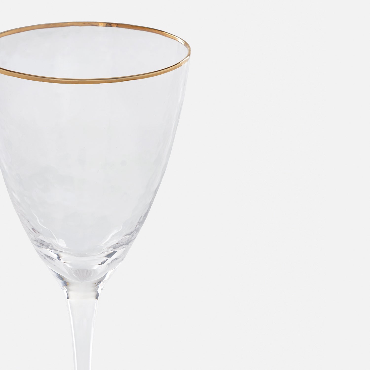 Set of 2 Clear Hammered Wine Glasses with Gold Rim