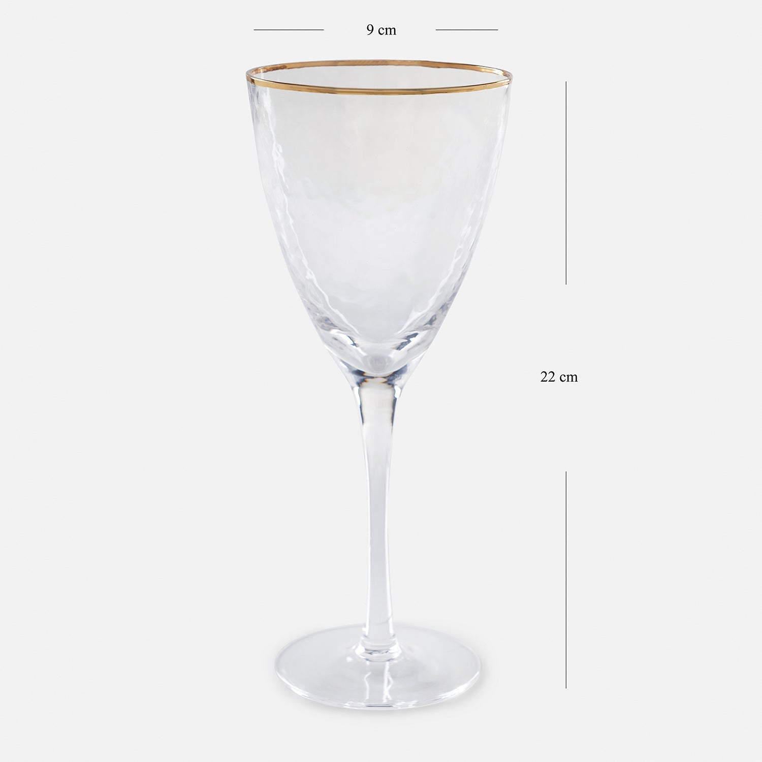 Set of 2 Clear Hammered Wine Glasses with Gold Rim