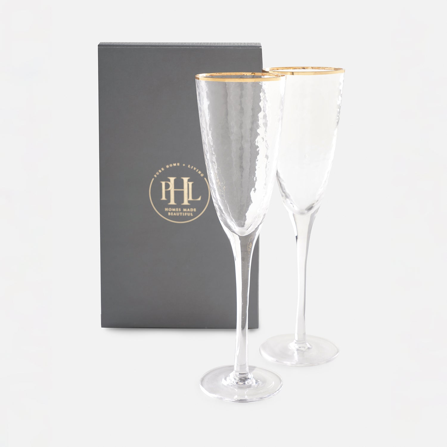 Set of 2 Clear Hammered Flute Glasses