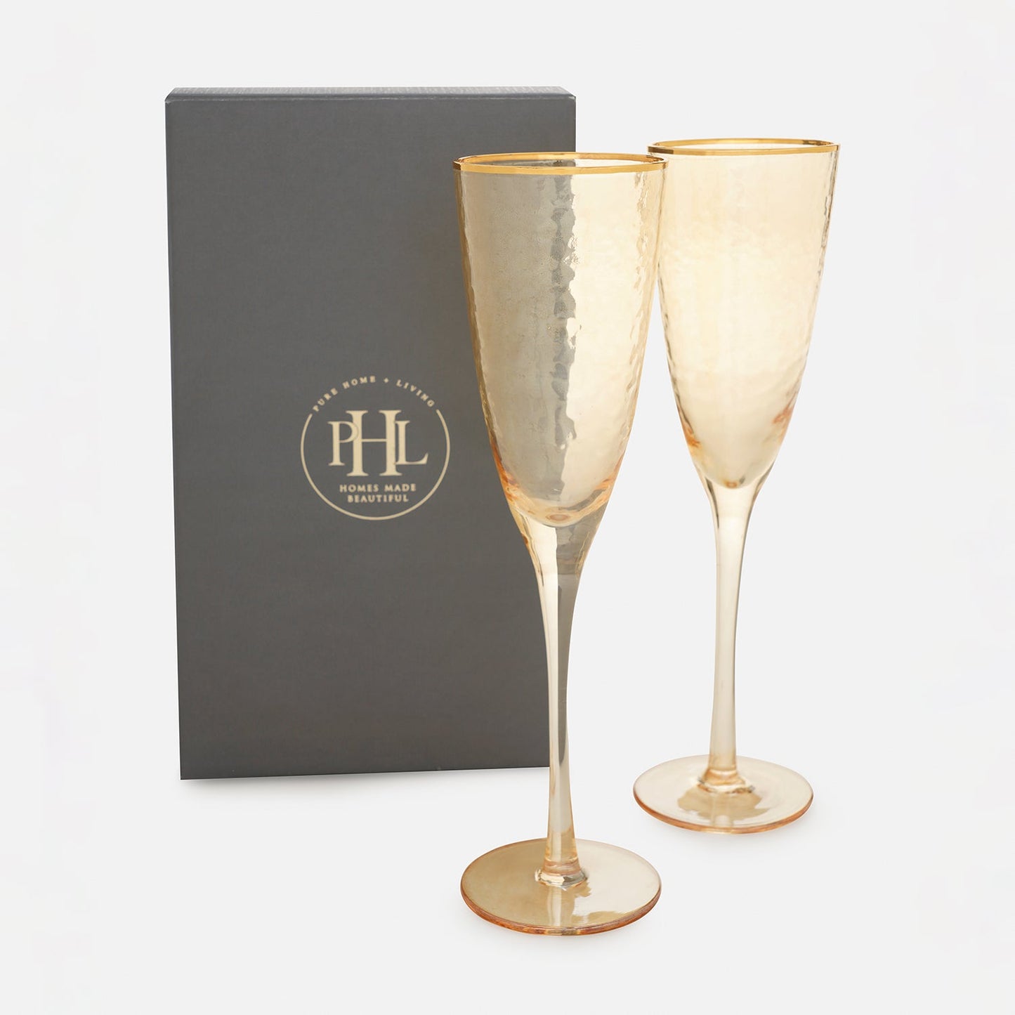 Set of 2 Gold Hammered Flute Glasses