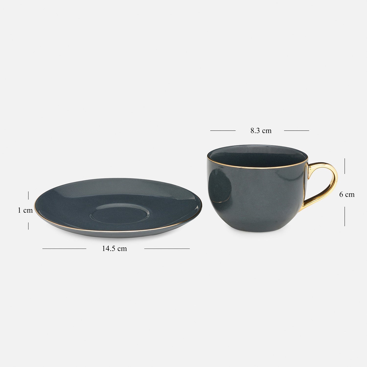 Set of 2 Dark Grey Senorita Tea Cups and Saucers