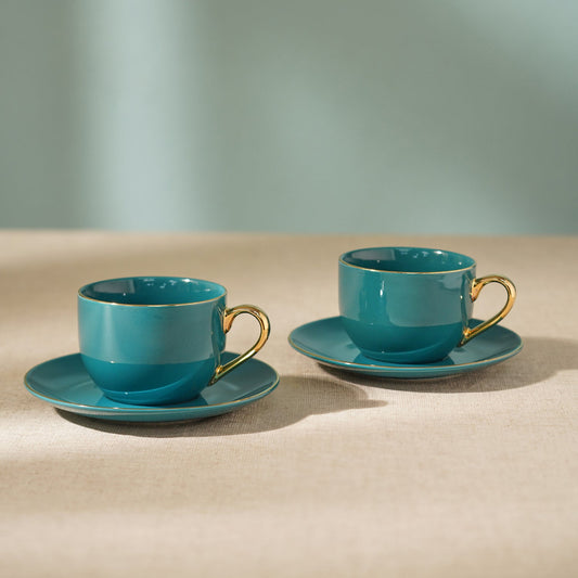 Set of 2 Teal Senorita Tea Cups and Saucers