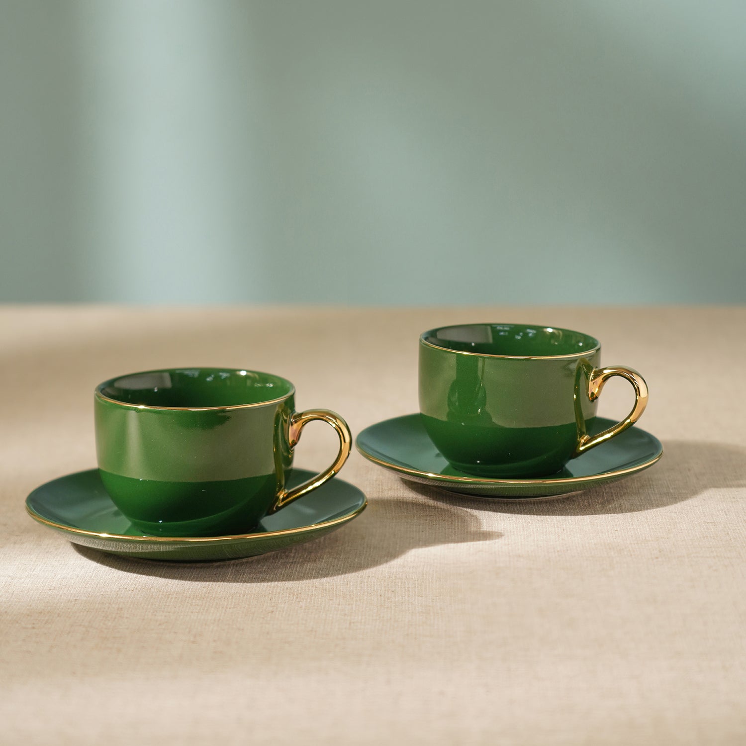 Set of 2 Dark Green Senorita Tea Cups and Saucers