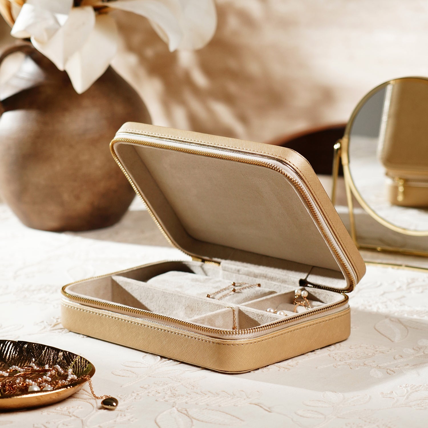 Gold Rectangle Faux Leather Travel Jewellery Box