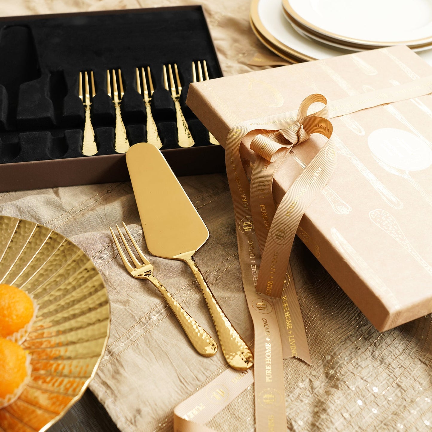 Set of 7 Gold Stainless Steel Pastry Server and Forks
