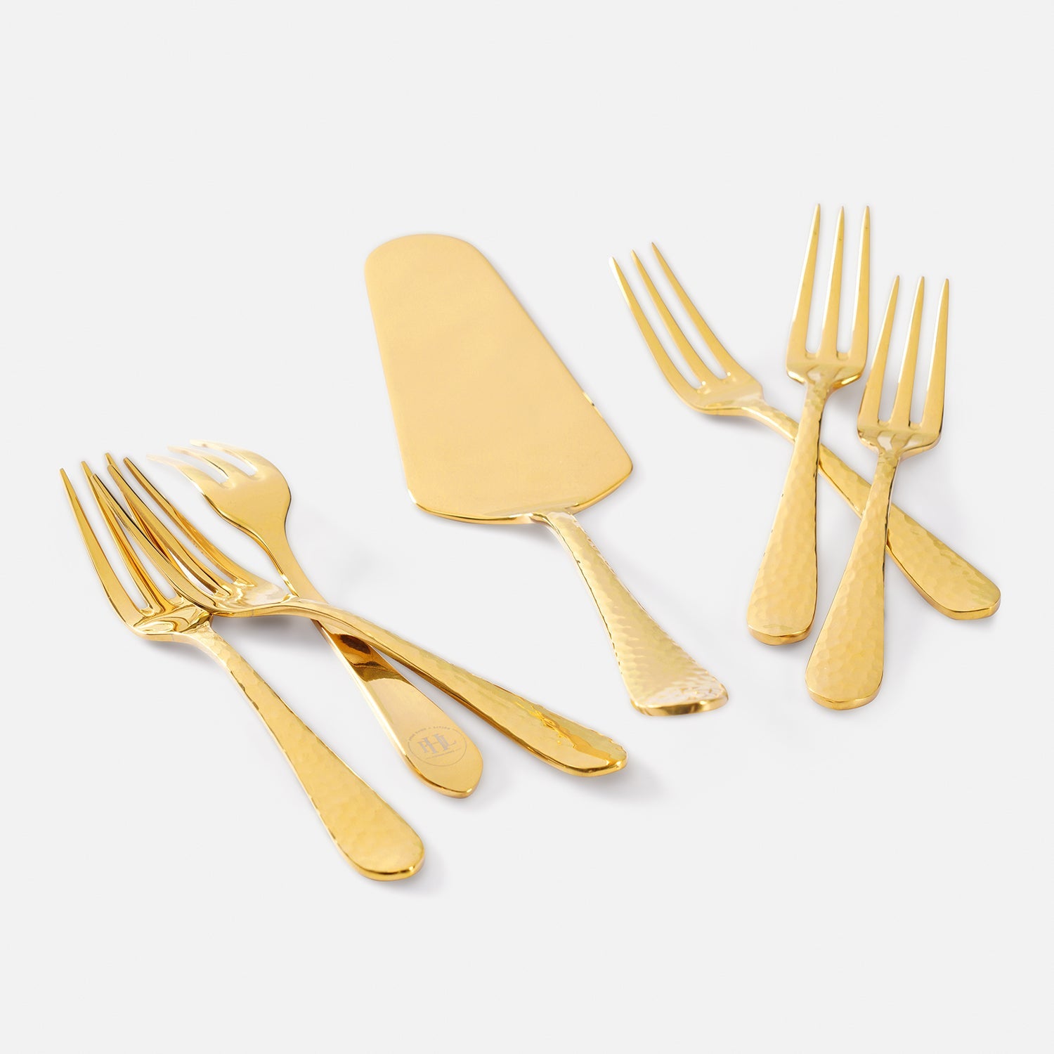 Set of 7 Gold Stainless Steel Pastry Server and Forks