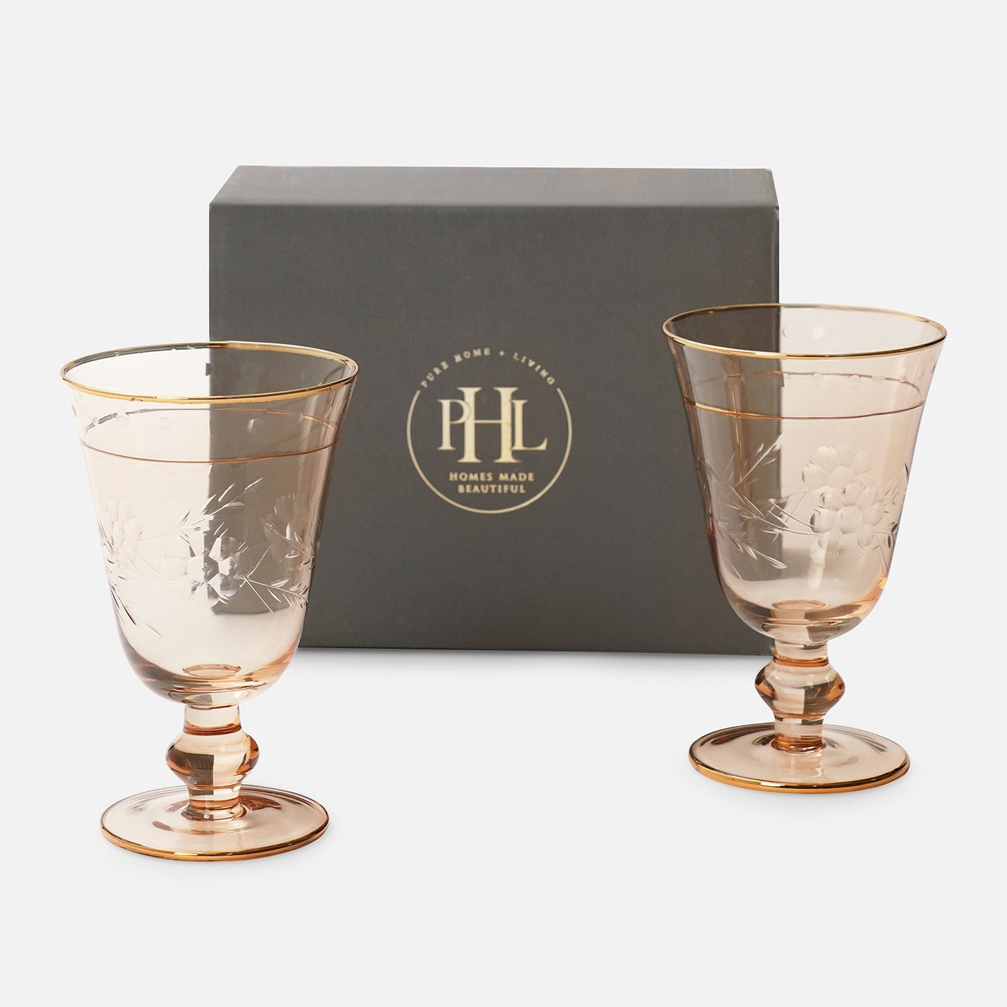 Set of 2 Gold Floral Etching Wine Glasses